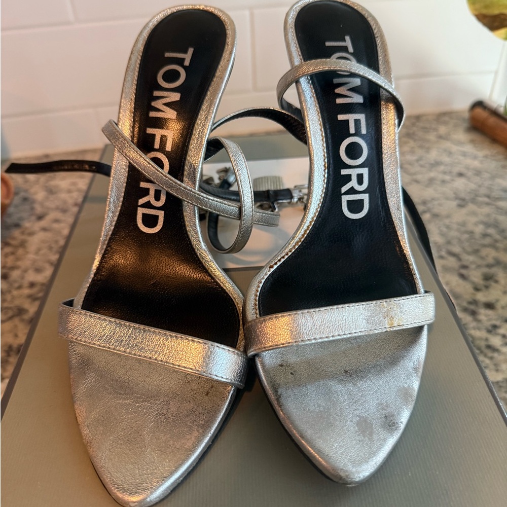 Tom Ford Hammered-Effect Padlock Pointy Sandals